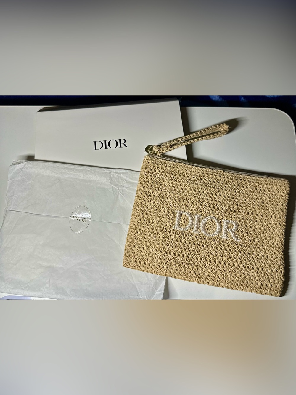 Dior Beige Woven Raffia Wristlet Pouch NWT GWP - Picture 10 of 13